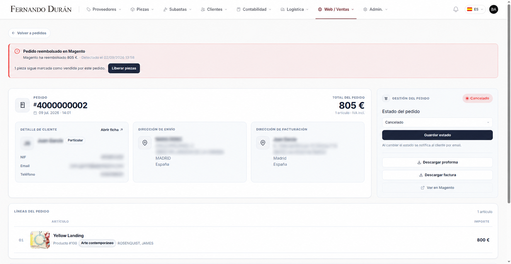 Gestión de un pedido online en el ERP de Fernando Durán, conectado con la operativa de venta y facturación.