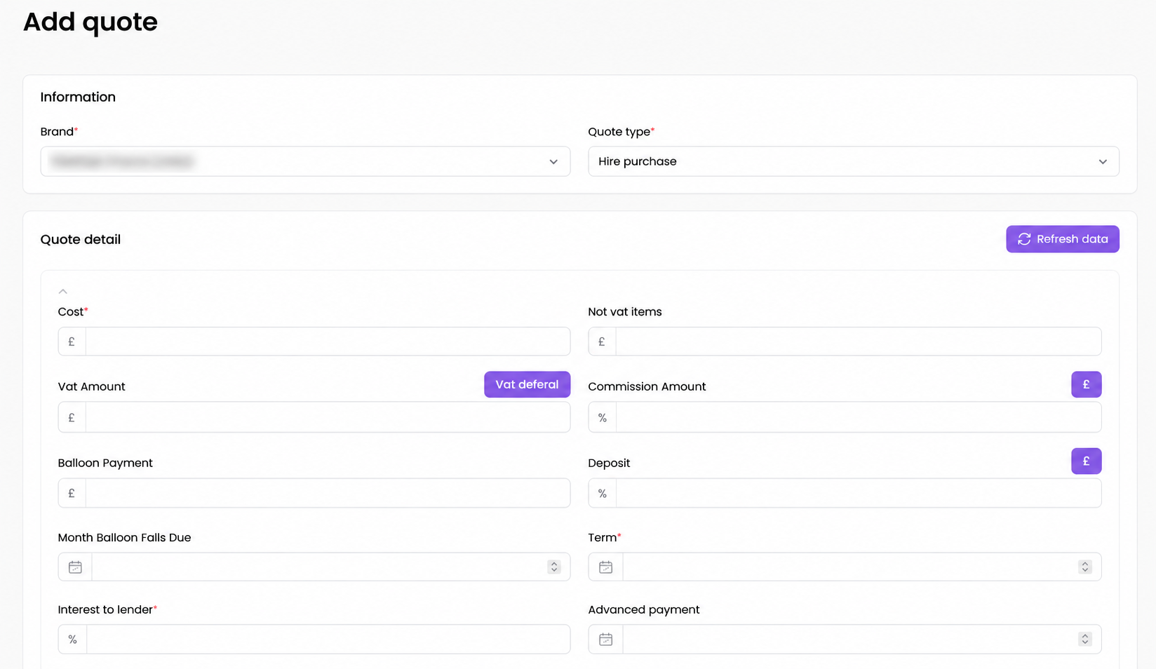 Formulario para crear una quote personalizada dentro de la plataforma de Wiseman Finance.